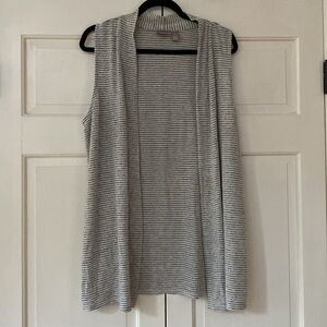 Chico’s Size 1 Gray White Striped CozySoft Blissful Knit Open Vest Chicos Medium